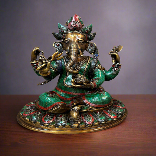 Brass Ganesha Statue Antique Stone Work For Home Temple Decor 1.5 Feet