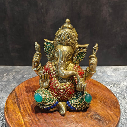 Brass Ganesha Statue Fine Stone Work 6 Inches by vendor-unknown - Hindu Gods (View 3)