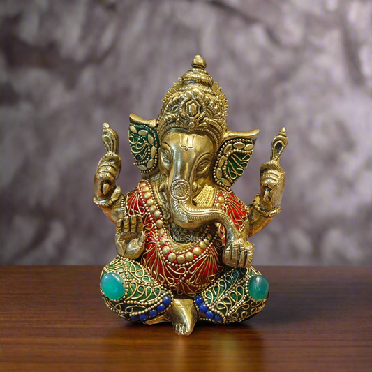 Brass Ganesha Statue Fine Stone Work 6 Inches
