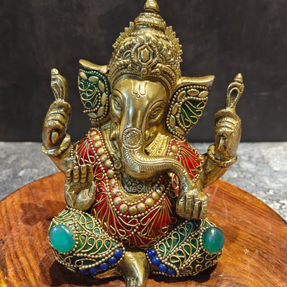 Brass Ganesha Statue Fine Stone Work 6 Inches by vendor-unknown - Hindu Gods (View 2)