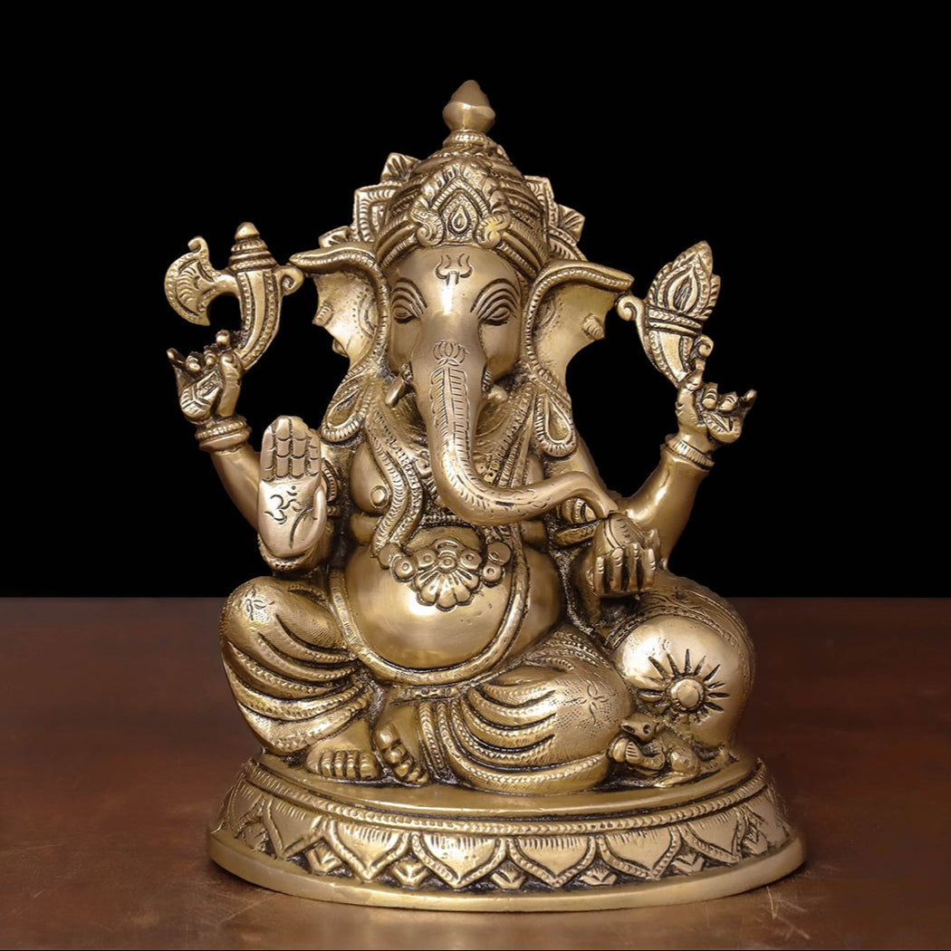 Brass Ganesha Statue Golden Finish 9 Inch - Eco-friendly - Sama Homes
