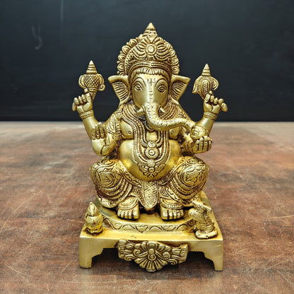 Brass Ganesha Statue Golden Finish For Home Decor 8 Inch by vendor-unknown - Hindu Gods