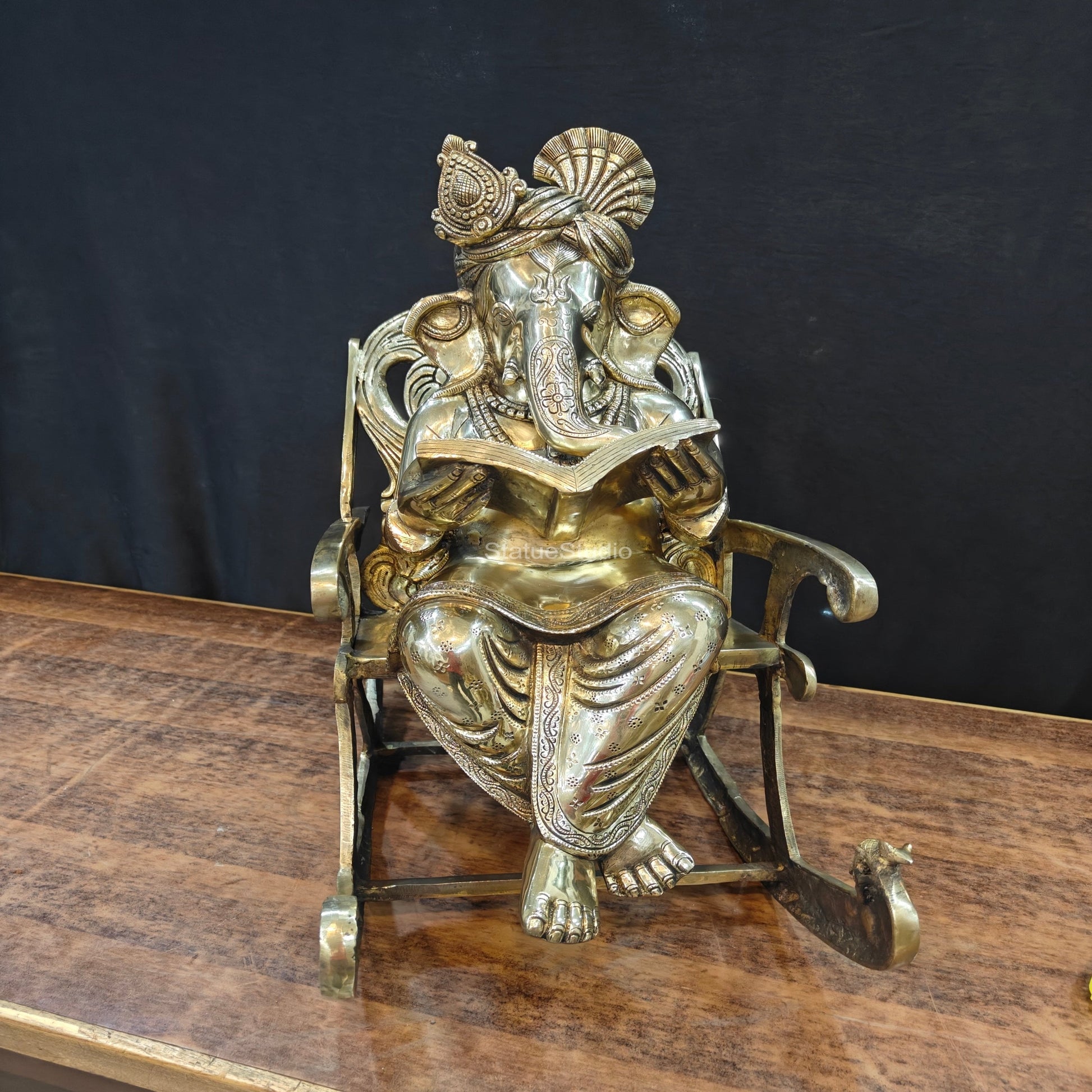 Brass Ganesha Statue Reading Book On Rocking Chair 2 Feet - Image 4