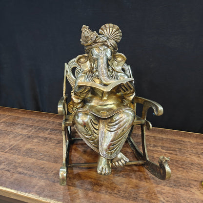 Brass Ganesha Statue Reading Book On Rocking Chair 2 Feet by vendor-unknown - Hindu Gods (View 4)