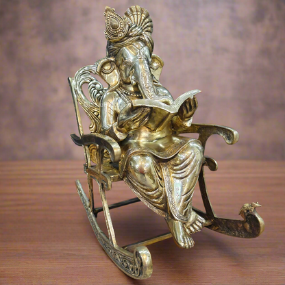 Brass Ganesha Statue Reading Book On Rocking Chair 2 Feet by vendor-unknown - Hindu Gods
