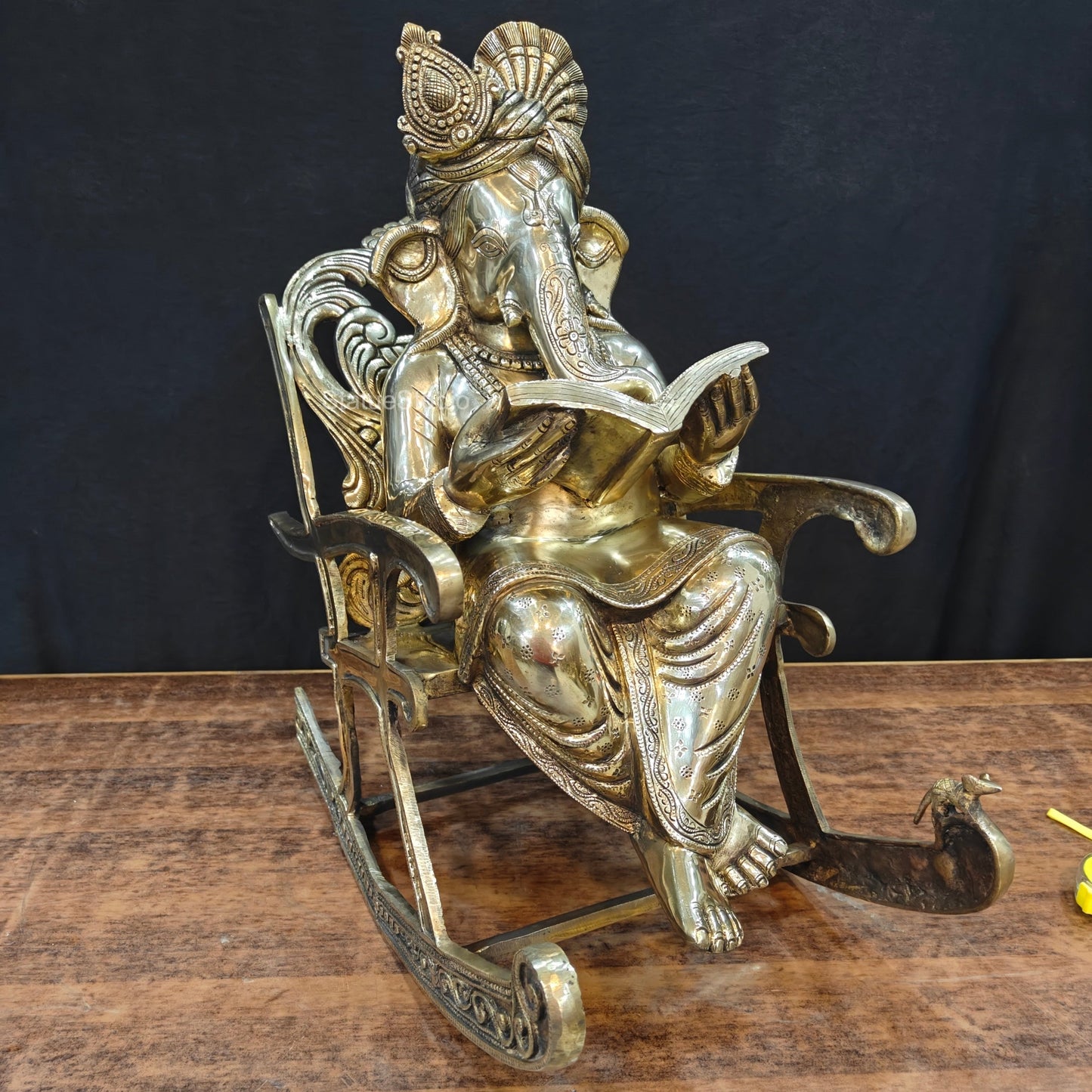 Brass Ganesha Statue Reading Book On Rocking Chair 2 Feet