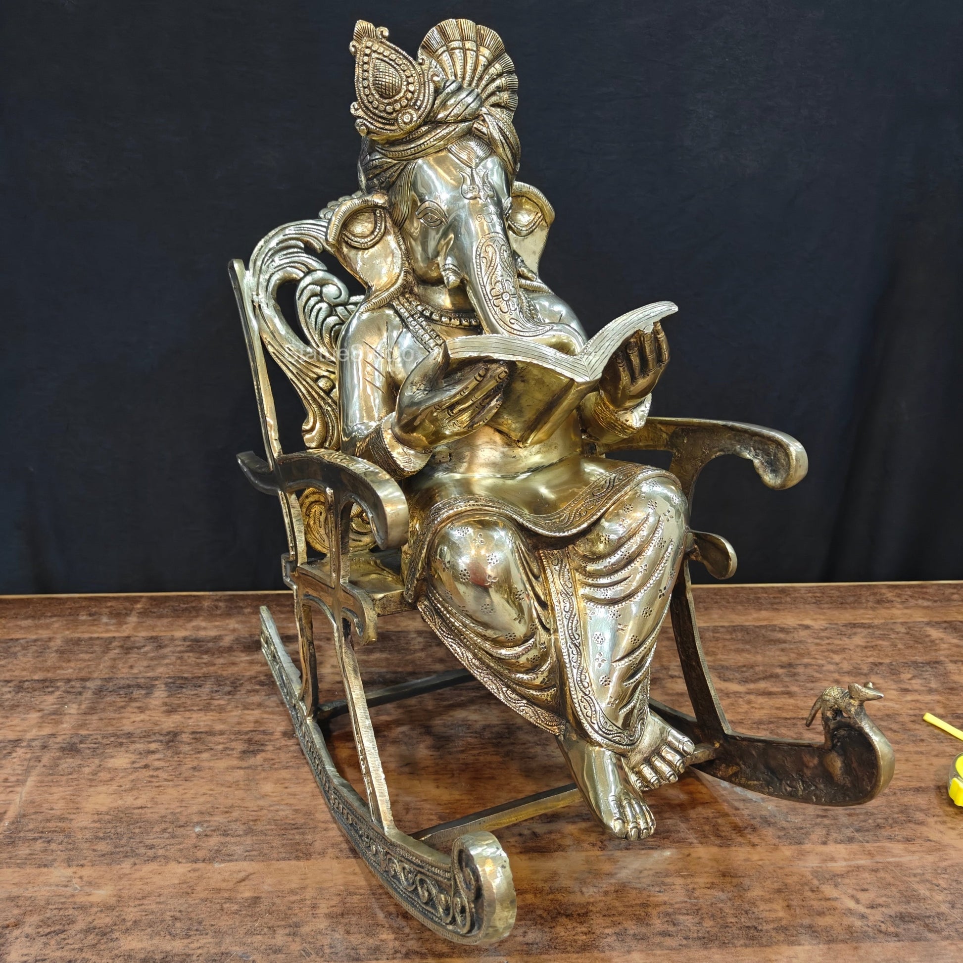 Brass Ganesha Statue Reading Book On Rocking Chair 2 Feet - Image 3