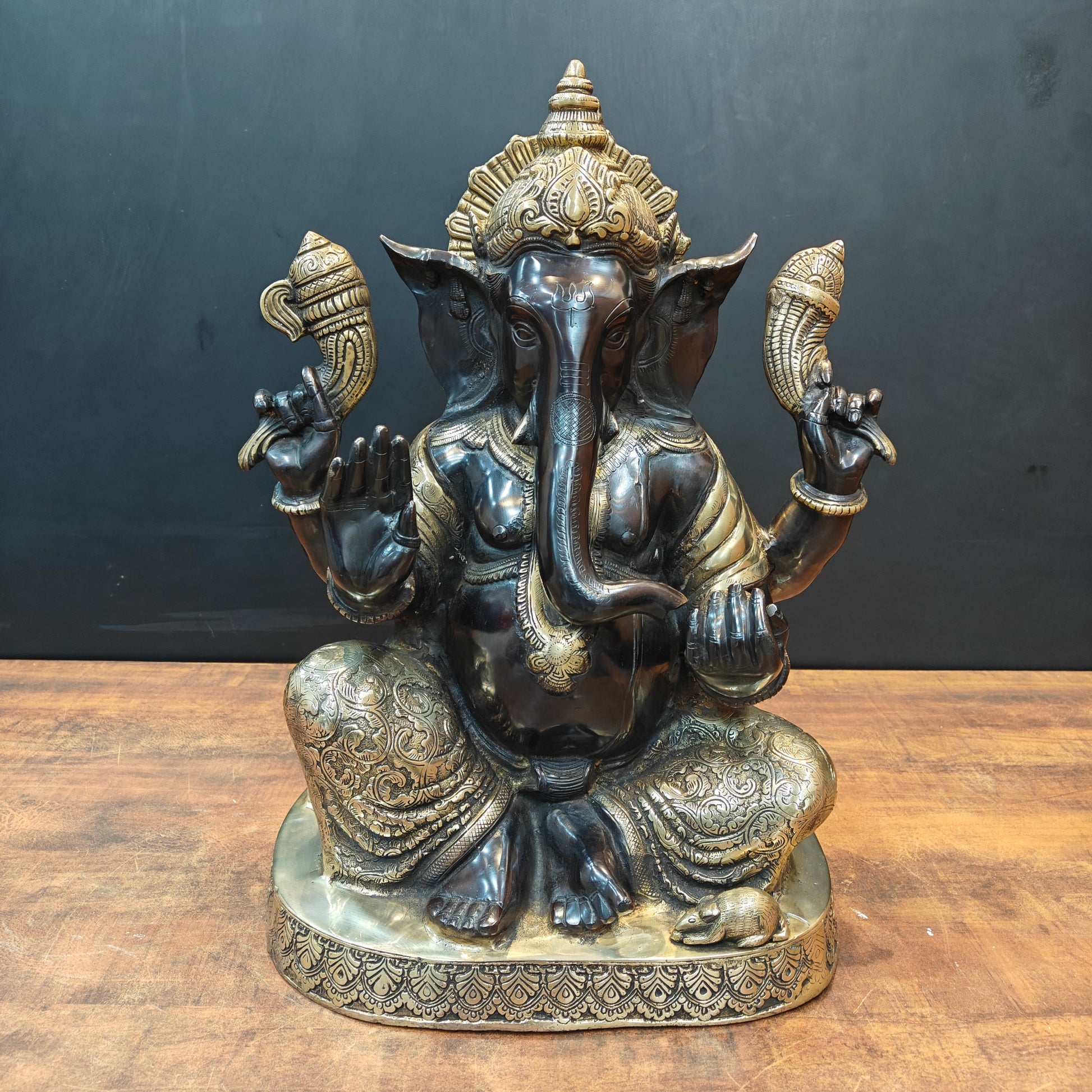 Brass Ganesha Statue Seated On Base Black Patina Finish 21 Inch - Eco-friendly - Sama Homes