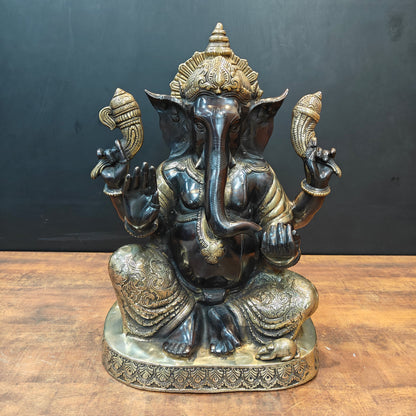 Brass Ganesha Statue Seated On Base Black Patina Finish 21 Inch by vendor-unknown - Hindu Gods
