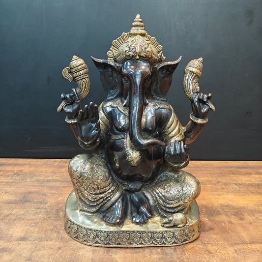 Brass Ganesha Statue Seated On Base Black Patina Finish 21 Inch