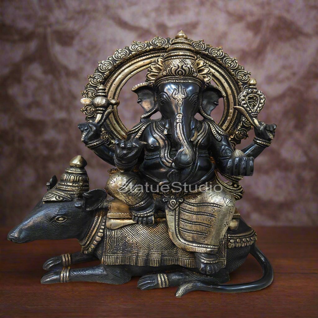 Brass Ganesha Statue Seated On Rat Antique Finish For Home  Showpiece 1.5 Feet - Eco-friendly - Sama Homes