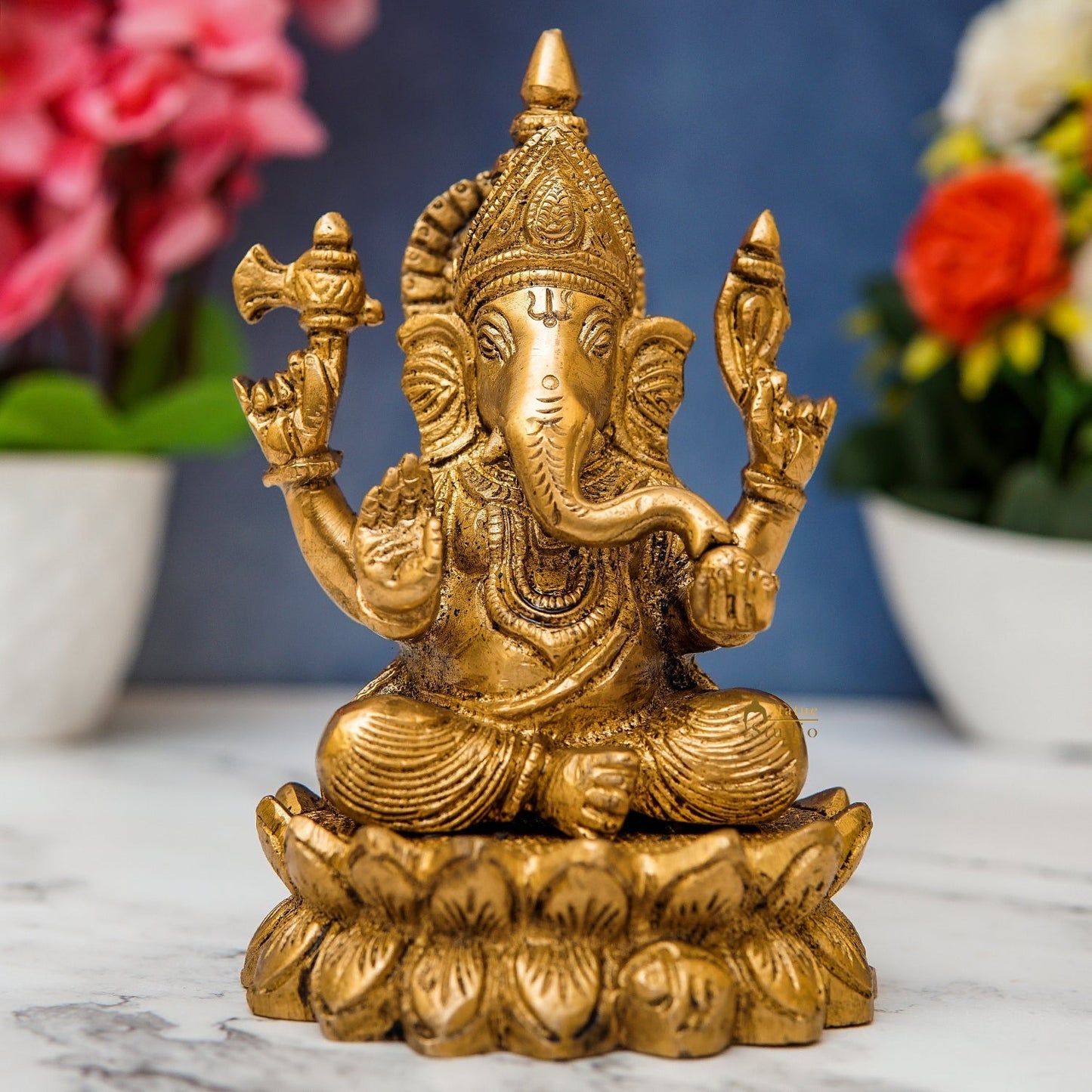 Brass Ganesha Statue Sitting On Lotus 5.5 Inch