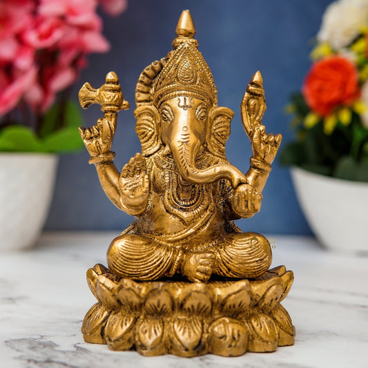 Brass Ganesha Statue Sitting On Lotus 5.5 Inch