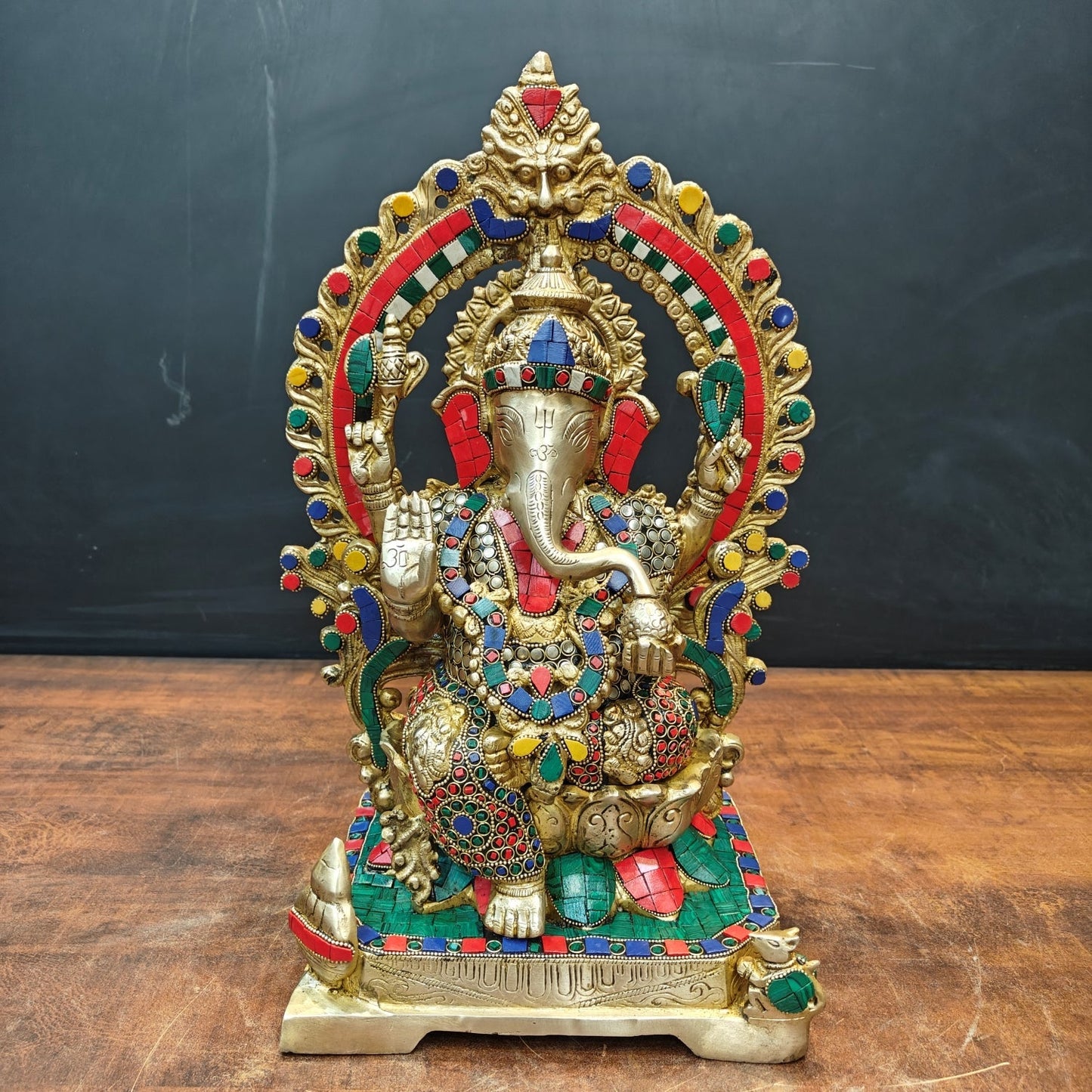 Brass Ganesha Statue Sitting On Lotus Base With Stone Work 18 Inches
