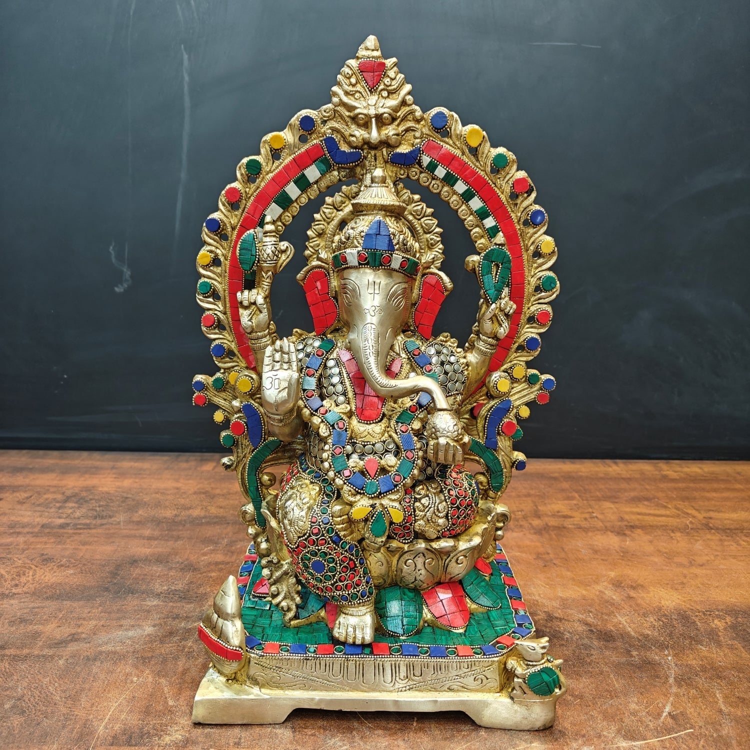 Brass Ganesha Statue Sitting On Lotus Base With Stone Work 18 Inches - Eco-friendly - Sama Homes