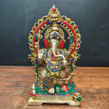 Brass Ganesha Statue Sitting On Lotus Base With Stone Work 18 Inches by vendor-unknown - Hindu Gods