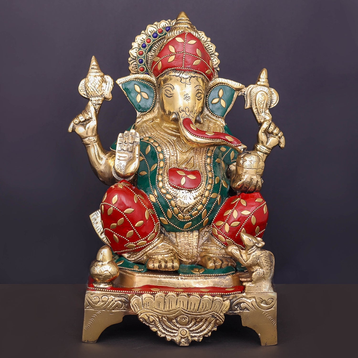 Brass Ganesha Statue Stone Work For Home Decor Showpiece 10 Inch - Eco-friendly - Sama Homes
