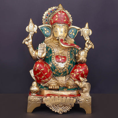 Brass Ganesha Statue Stone Work For Home Decor Showpiece 10 Inch by vendor-unknown - Hindu Gods