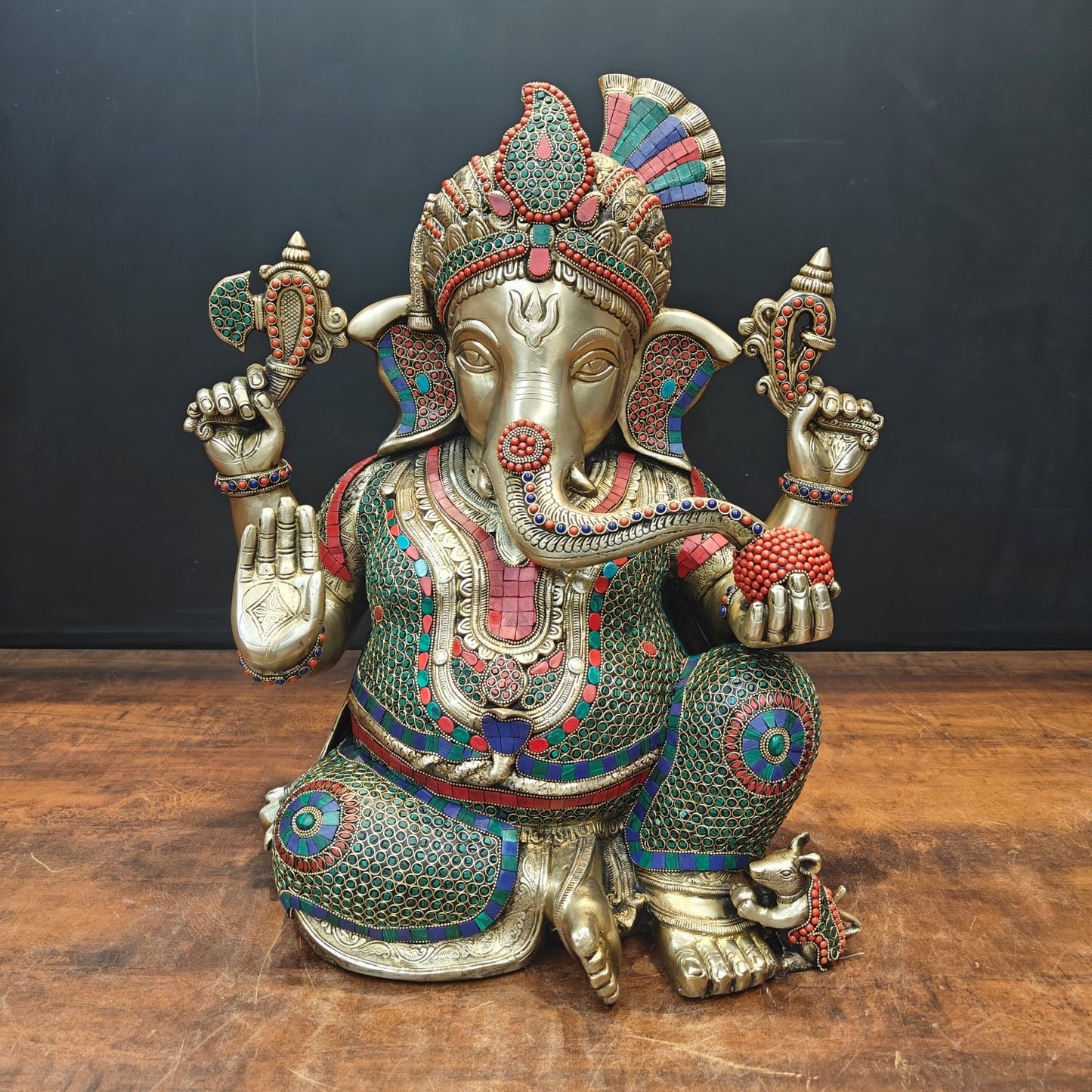 Brass Ganesha Statue Wearing a Turban With Stone Work 21 Inch
