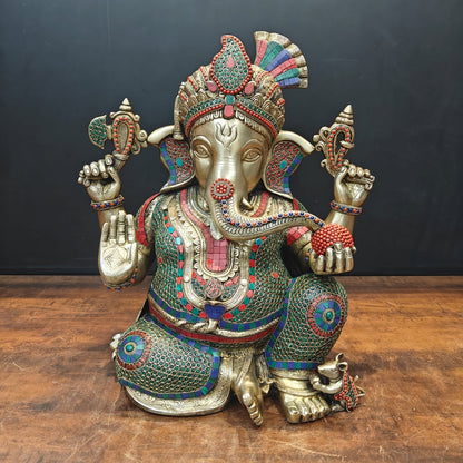 Brass Ganesha Statue Wearing a Turban With Stone Work 21 Inch by vendor-unknown - Hindu Gods