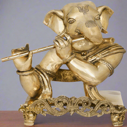 Brass Ganesha Statue With Flute For Home Decor Showpiece 11"