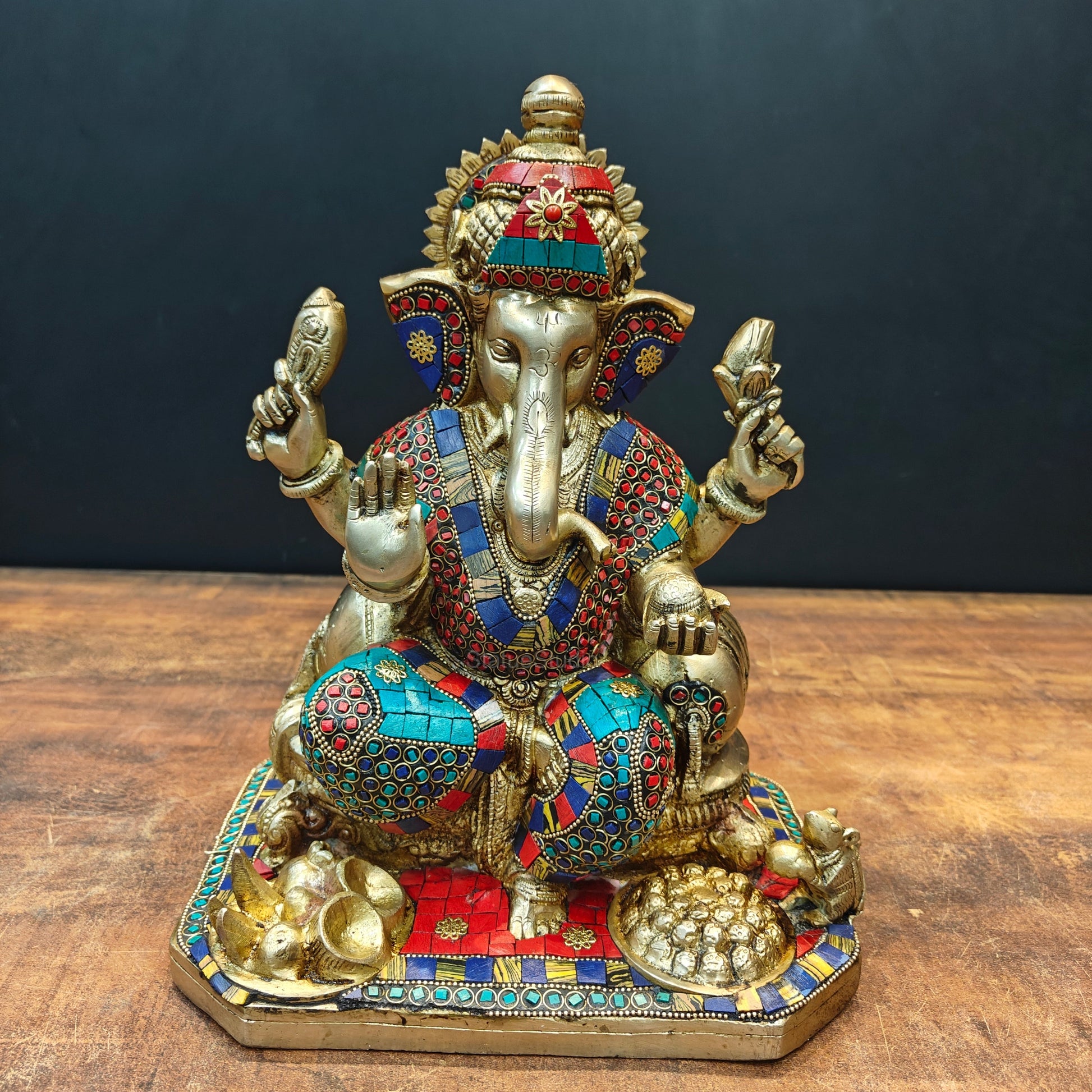 Brass Ganesha Statue With Stone Work 13 Inches - Eco-friendly - Sama Homes