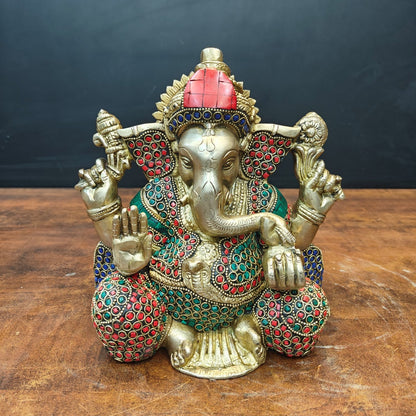 Brass Ganesha Statue With Stone Work For Home Temple Decor 8 Inch by vendor-unknown - Hindu Gods