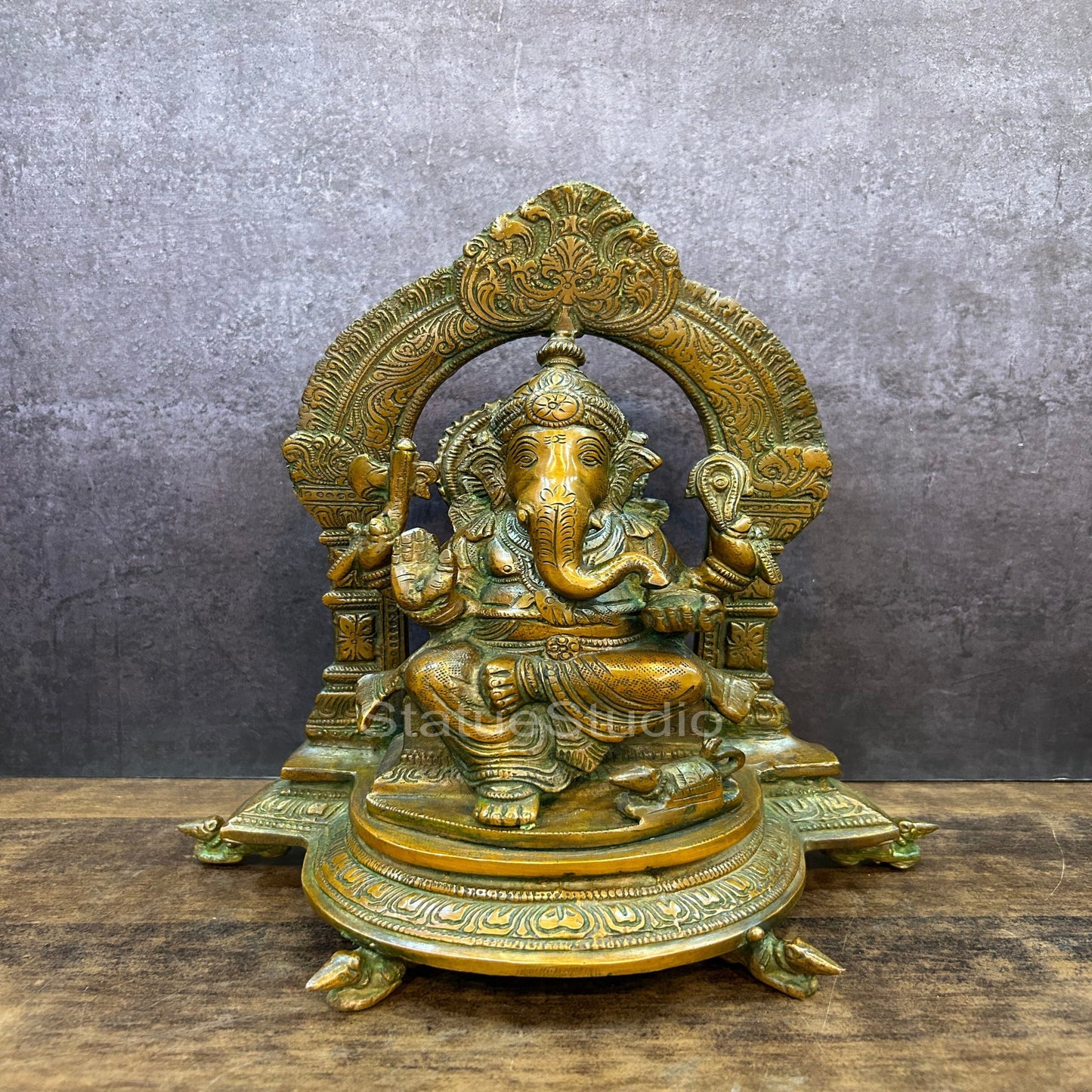 Brass Ganesha Statue With Temple Arch Copper Patina Finish 11 Inch
