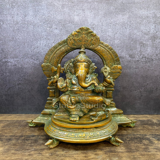 Brass Ganesha Statue With Temple Arch Copper Patina Finish 11 Inch
