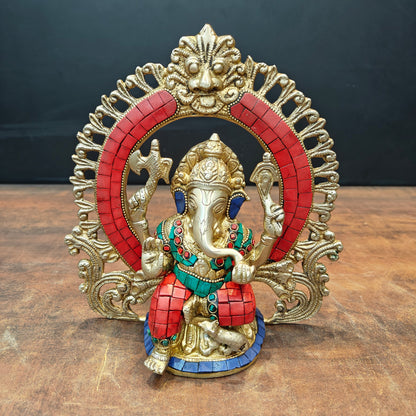 Brass Ganesha Statue with Prabhavali Stone Work 9 Inch by vendor-unknown - Hindu Gods