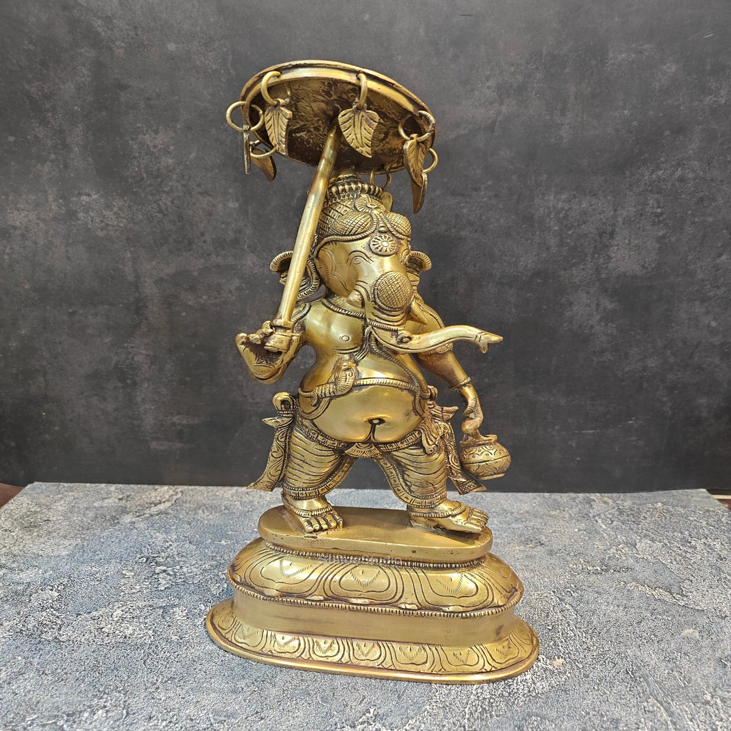 Brass Ganesha Statue with Umbrella and Kamandal 15 Inches