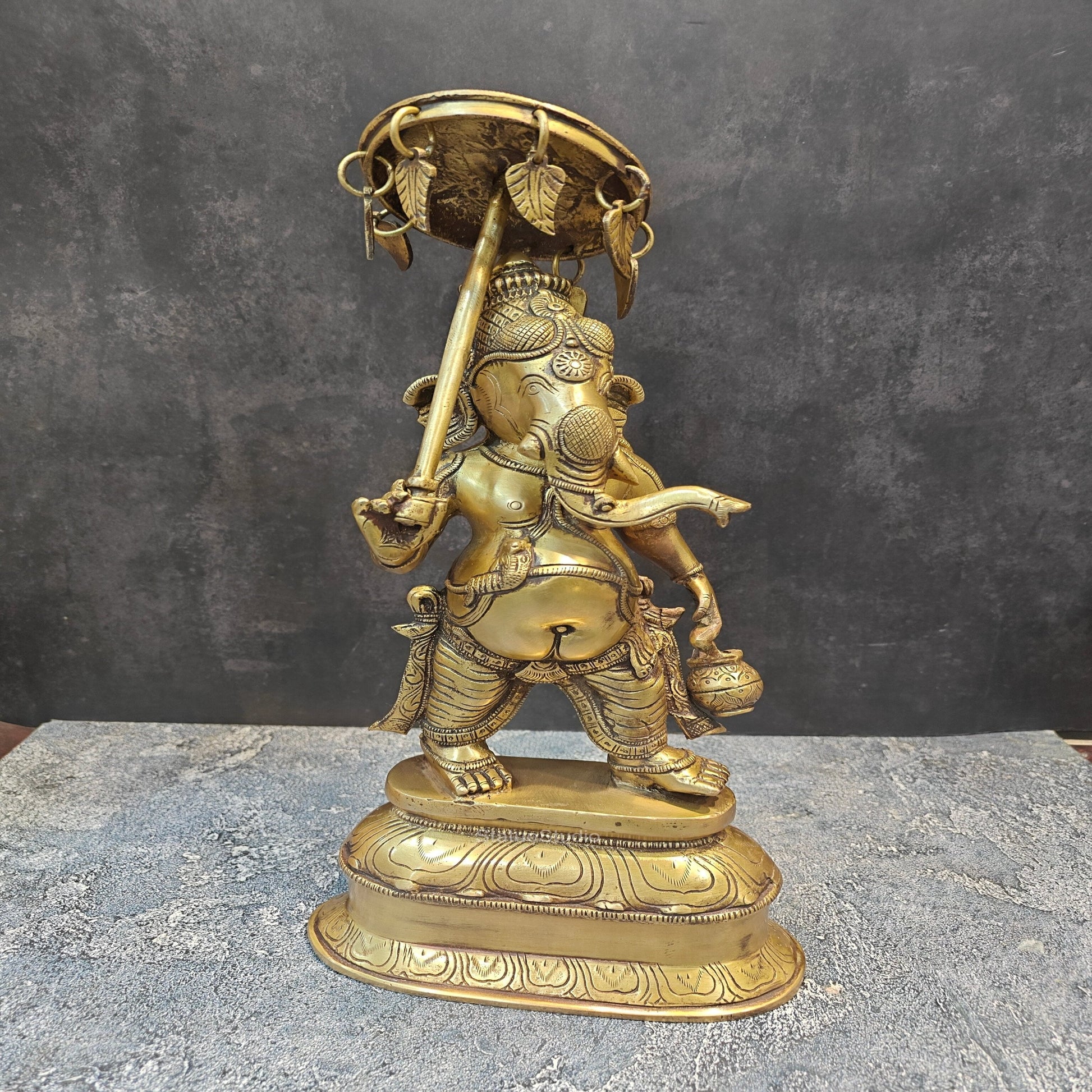 Brass Ganesha Statue with Umbrella and Kamandal 15 Inches - Image 3