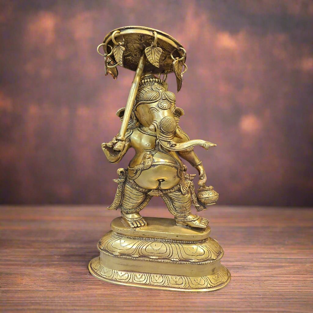 Brass Ganesha Statue with Umbrella and Kamandal 15 Inches - Eco-friendly - Sama Homes