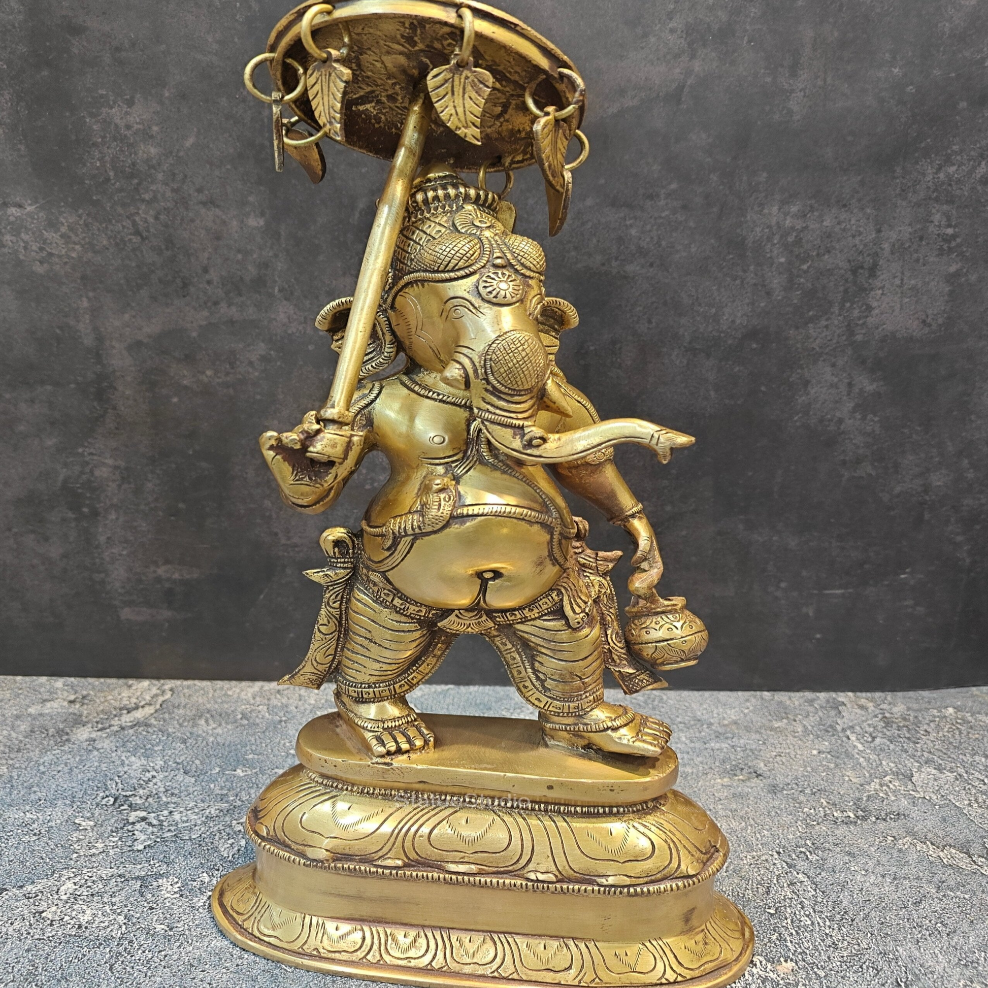Brass Ganesha Statue with Umbrella and Kamandal 15 Inches - Image 2