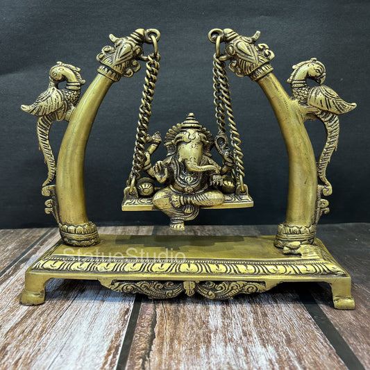 Brass Ganesha Swing Idol Antique Finish For Home Decor Showpiece 9.5"