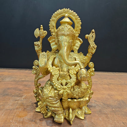 Brass Ganpati Idol Sitting On Lotus Base 12.5 Inch by vendor-unknown - Hindu Gods