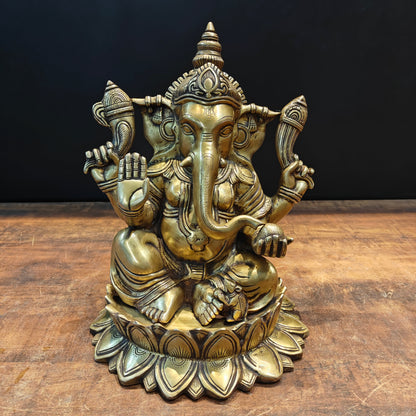 Brass Ganpati Idol Sitting On Lotus Base Antique Finish 14 Inches by vendor-unknown - Hindu Gods