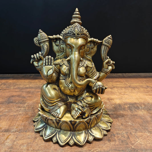 Brass Ganpati Idol Sitting On Lotus Base Antique Finish 14 Inches