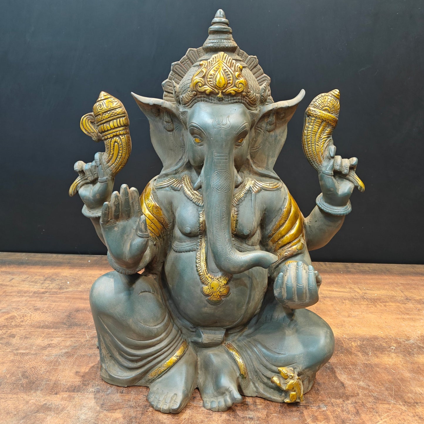 Brass Ganpati Idol In Antique Gold Finish 21 inches