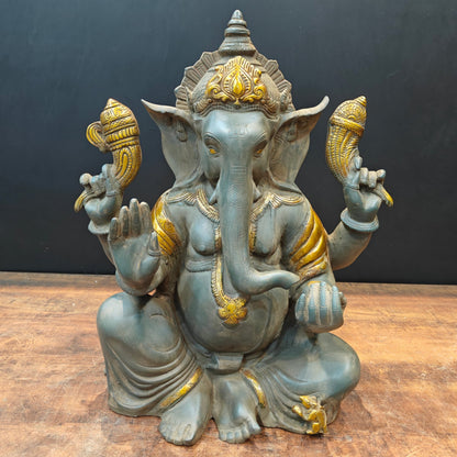 Brass Ganpati Idol In Antique Gold Finish 21 inches by vendor-unknown - Hindu Gods