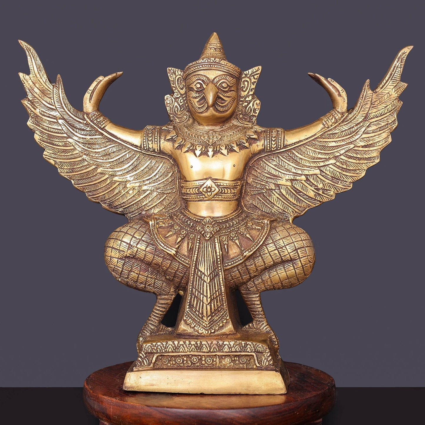Brass Garuda Idol with Open Wings Vahana of Lord Vishnu Antique Finish 14 Inch