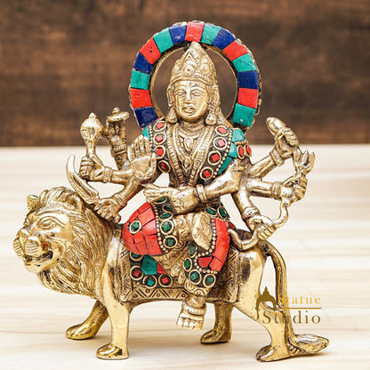 Brass Goddess Durga Statue Stone Work For Home Temple Decor 6 Inch by vendor-unknown - Hindu Gods