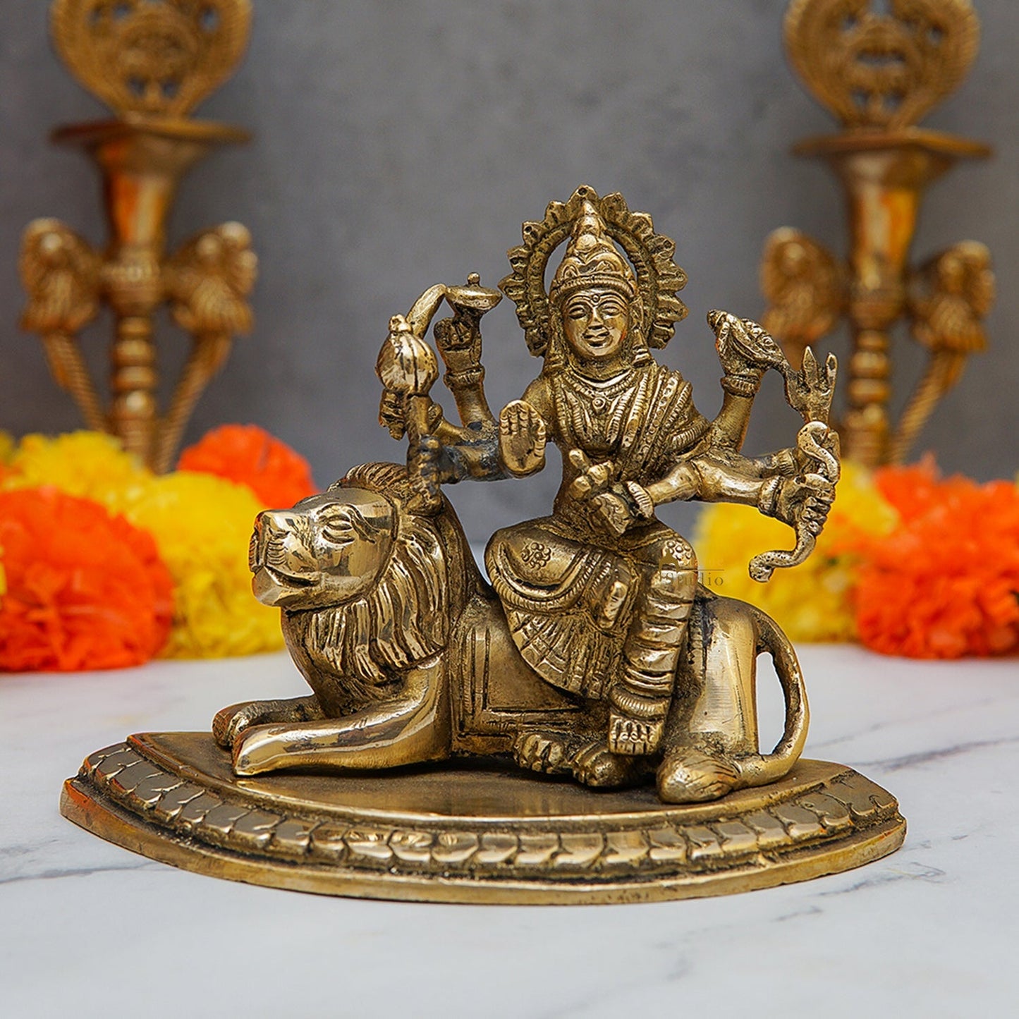 Brass Goddess Durga Statue With Sitting Lion 4.5 Inch