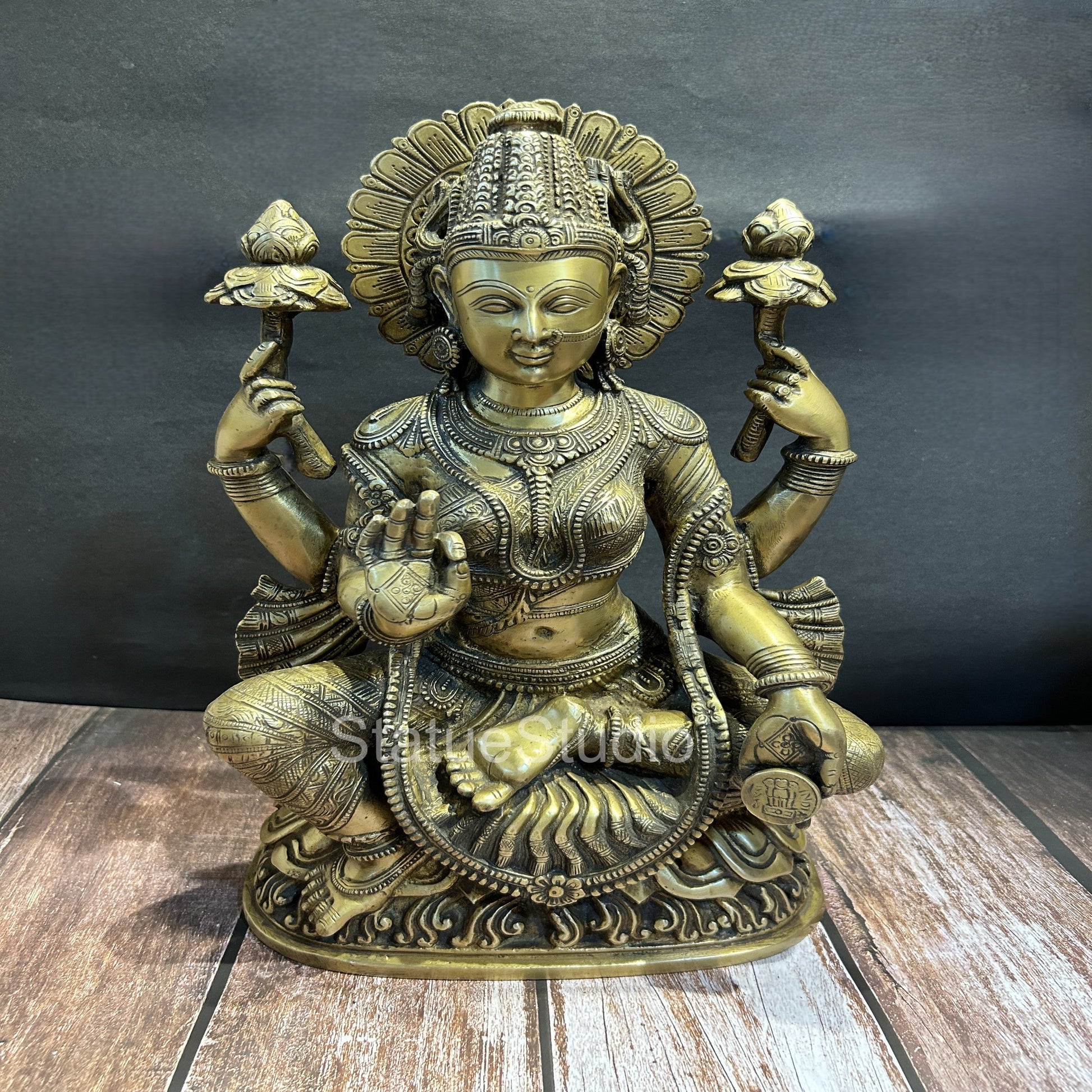 Brass Goddess Lakshmi Idol Antique Finish For Home Decor Lucky Gift 1.5 Feet - Eco-friendly - Sama Homes