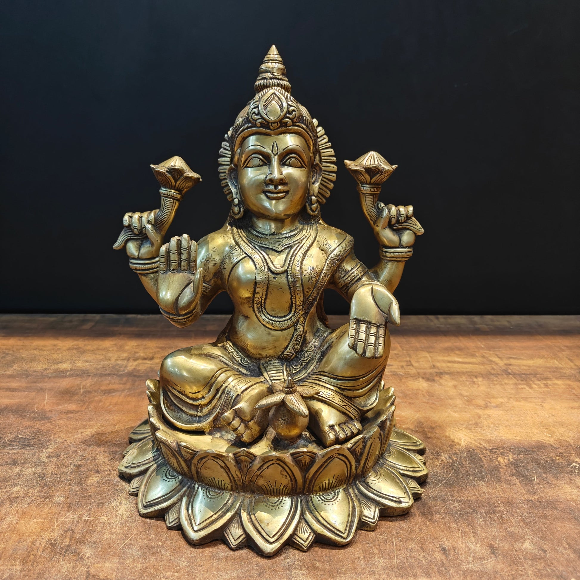 Brass Goddess Lakshmi Idol Sitting On Lotus Base 14 Inch - Eco-friendly - Sama Homes