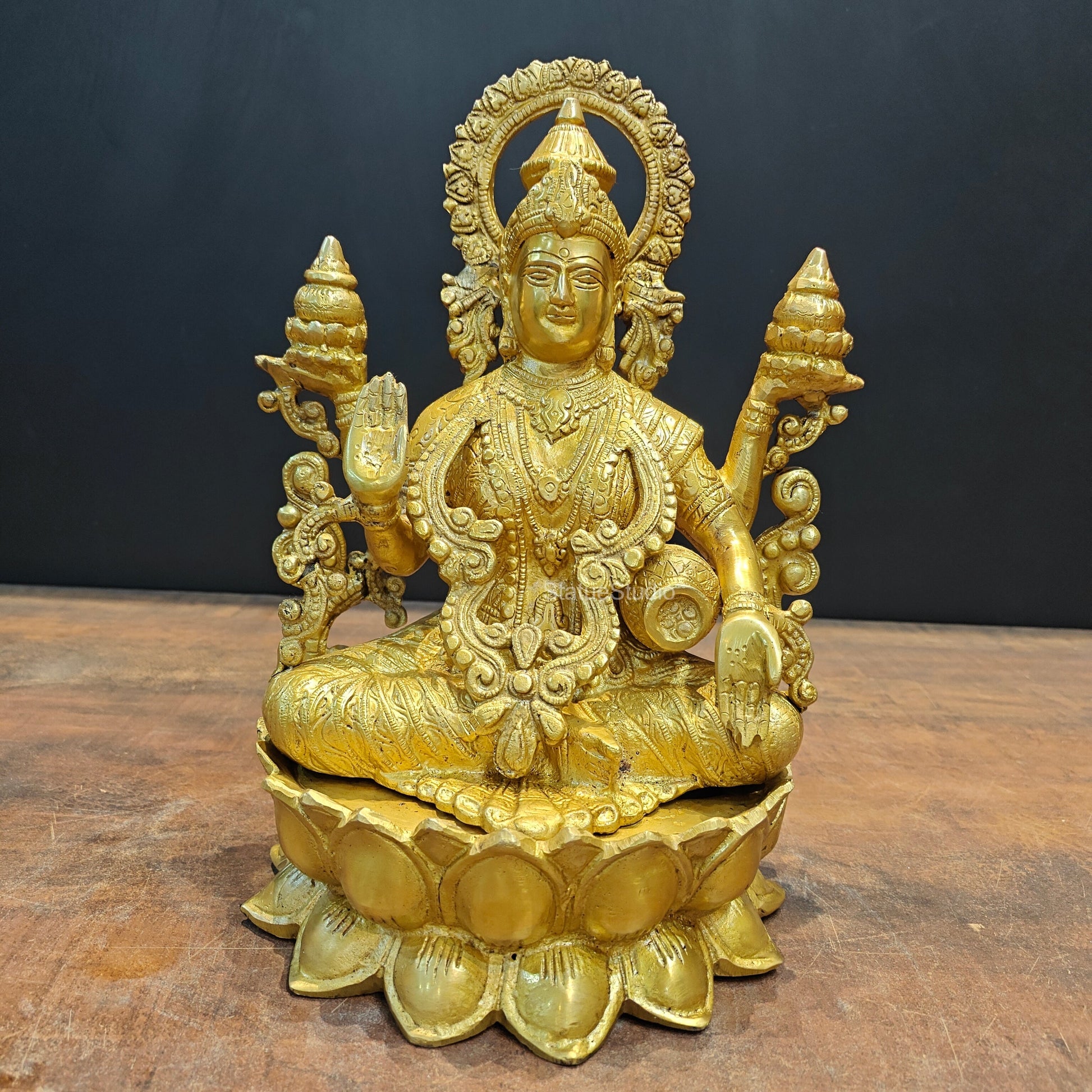 Brass Goddess Lakshmi Idol Sitting On Lotus Base 1 Feet - Eco-friendly - Sama Homes
