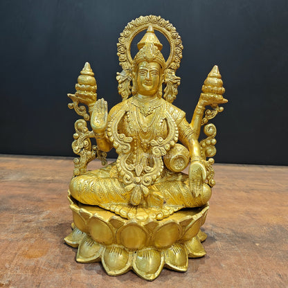 Brass Goddess Lakshmi Idol Sitting On Lotus Base 1 Feet by vendor-unknown - Hindu Gods
