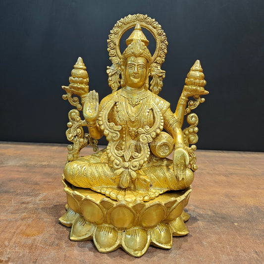 Brass Goddess Lakshmi Idol Sitting On Lotus Base 1 Feet