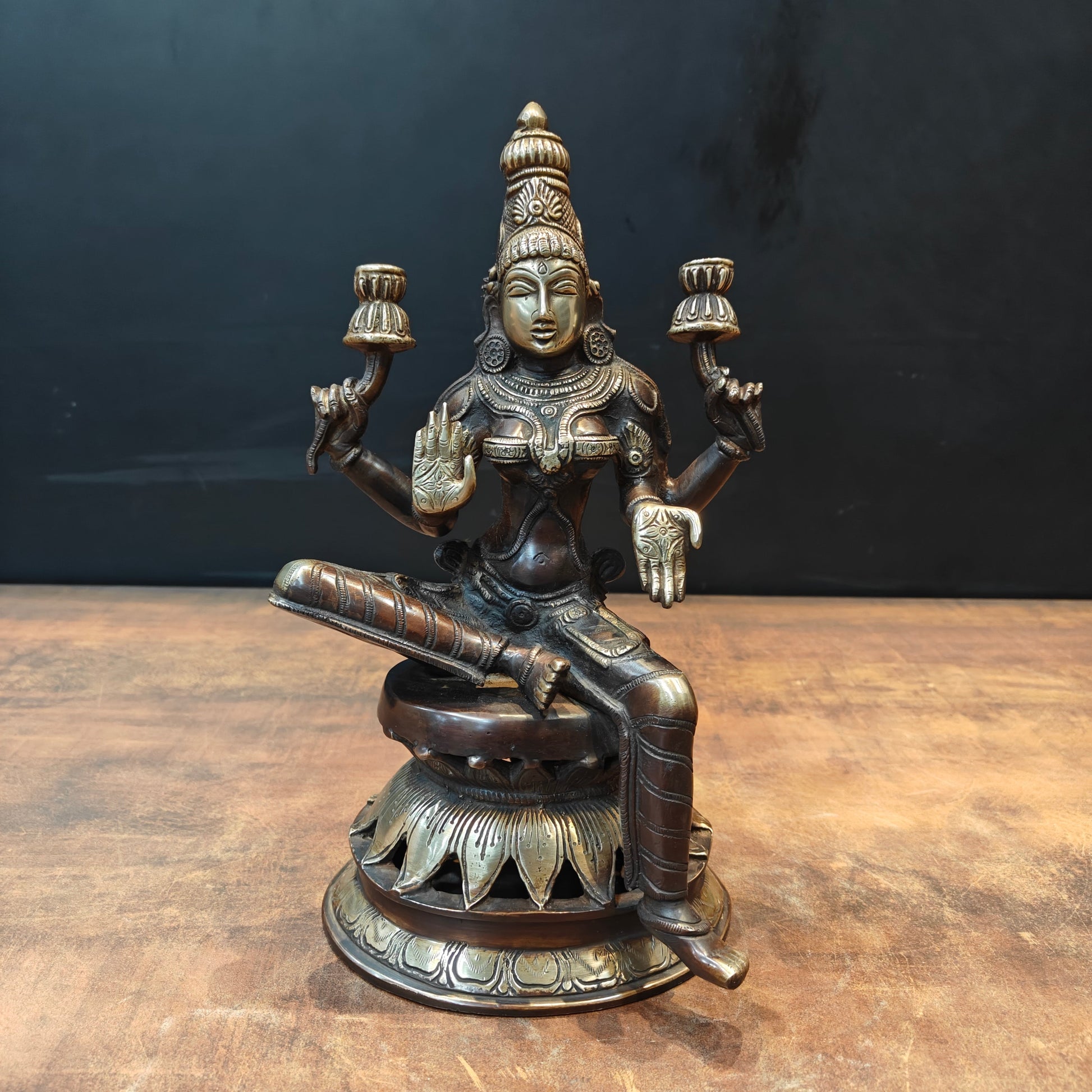 Brass Goddess Lakshmi Idol Sitting On Lotus Base 1 Feet - Eco-friendly - Sama Homes