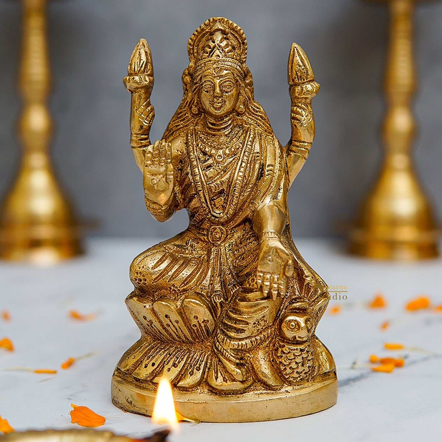 Brass Goddess Lakshmi Statue 6" - Eco-friendly - Sama Homes